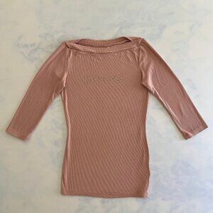 Bebe Pink Rhinestone Ribbed 3/4 Sleeve Top